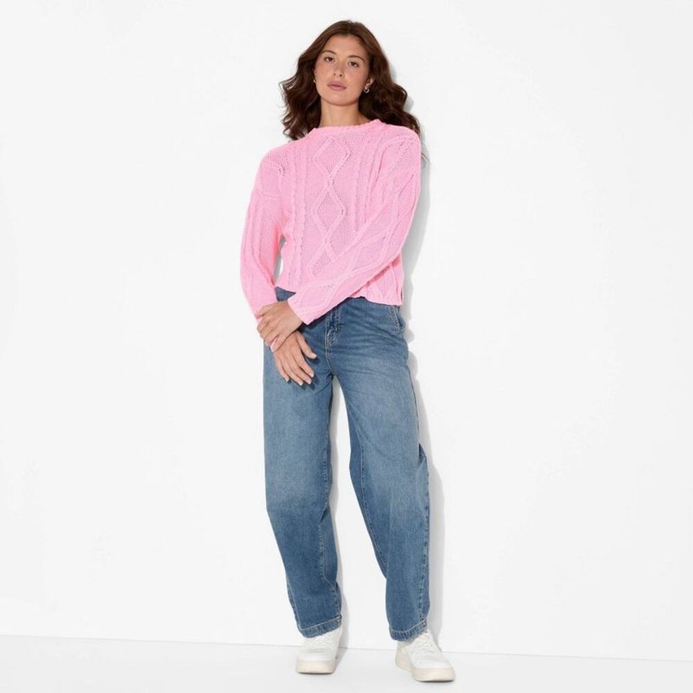 Women's Crewneck Cotton Cable Pullover Sweater - Wild Fable Vibrant Pink M